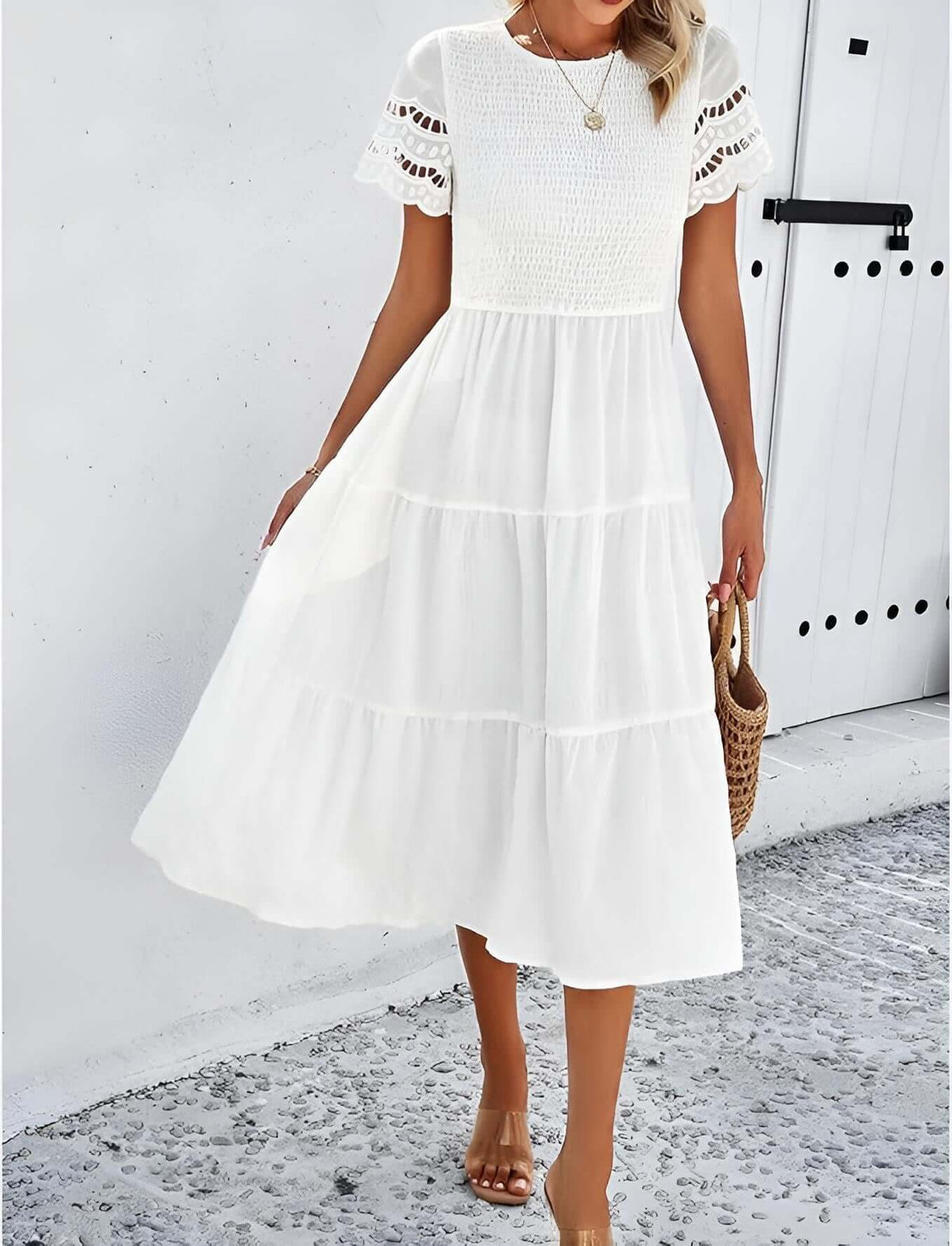 Hallow Eyelet Sleeve Dress - Women's boho fashion | Roll Up Fashion featuring a chic white dress with ruffle hem and eyelet sleeves.