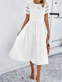Hallow Eyelet Sleeve Dress - Women's boho fashion | Roll Up Fashion featuring a chic white dress with ruffle hem and eyelet sleeves.