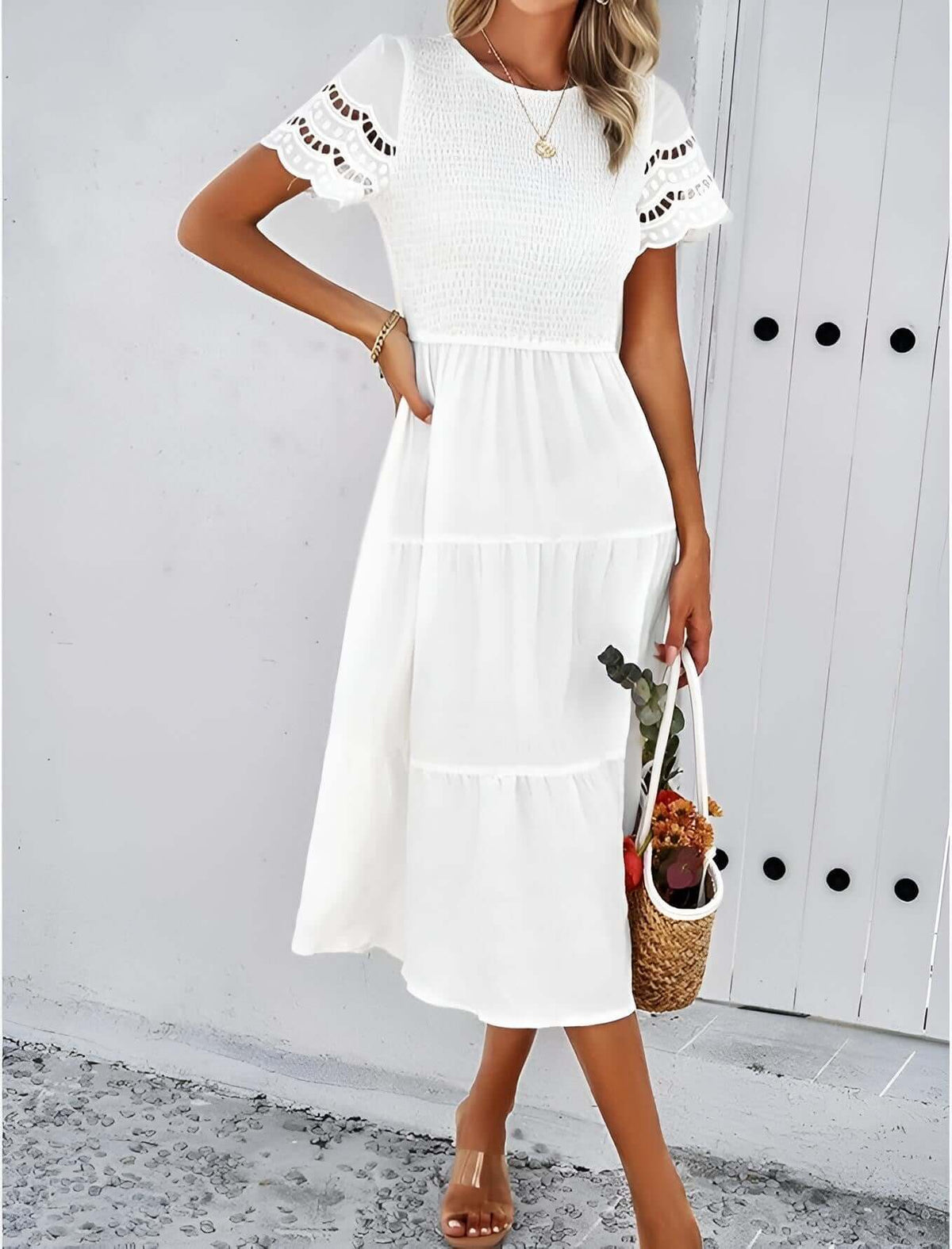 Hallow Eyelet Sleeve Dress - Women's boho fashion | Roll Up Fashion, featuring ruffle hem and hollow eyelet sleeves.