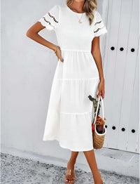 Hallow Eyelet Sleeve Dress - Women's boho fashion | Roll Up Fashion, featuring ruffle hem and hollow eyelet sleeves.