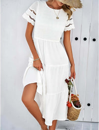 Hallow Eyelet Sleeve Dress - Women's boho fashion | Roll Up Fashion featuring shirred top and ruffle hem.