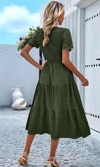 Hallow Eyelet Sleeve Dress - Women's boho fashion | Roll Up Fashion, featuring a model in a tiered olive green dress with eyelet sleeves.