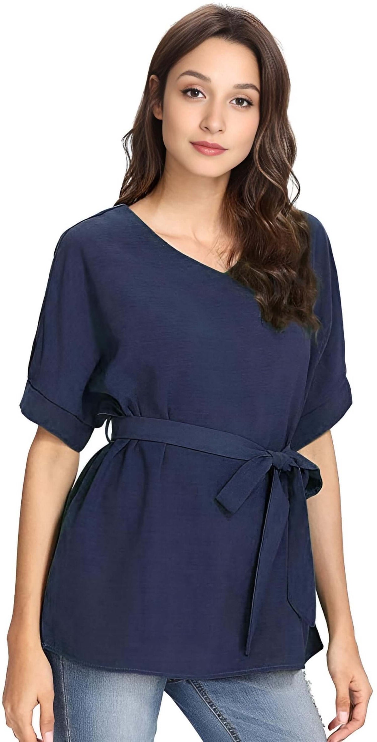 Model wearing a batwing casual blouse in navy blue with a belted waist, perfect for summer styling.