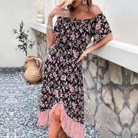 bohemian off shoulder maxi dress featuring vibrant floral patterns and an elegant off-shoulder neckline, perfect for summer events.