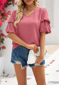 Blouse, tee, top, Women's tops, women's blouses, cute top, puff sleeve top, ruffle sleeve, trendy, new style, Shirt, office wear, business attire, Office blouse, casual top, business top, pink top, Trendy office wear for women, tiered sleeve tops, Swiss d