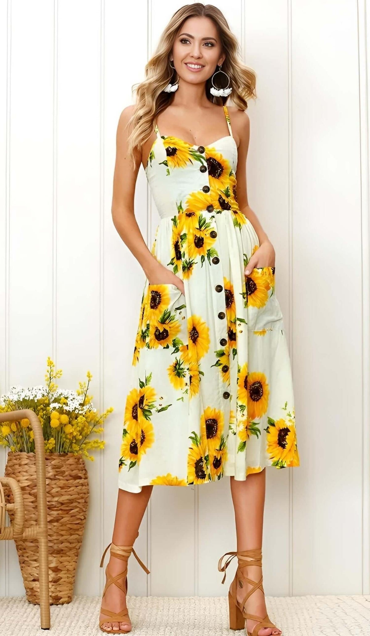 Sunflower Dress - Boho Midi Sundress for Summer WHT/YL / 2X-Large Sunflower Dress - Boho Midi Sundress for Summer WHT/YL / 2X-Large