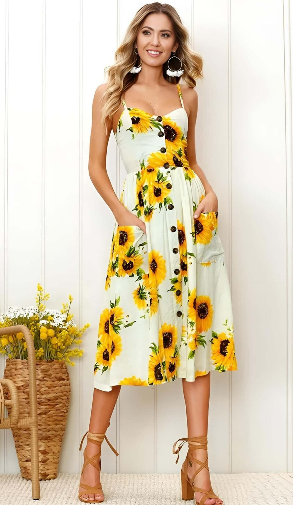 Sunflower Floral Midi SunDress – Roll Up Fashion