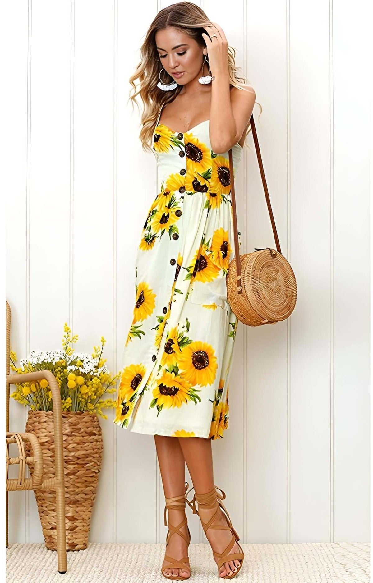 Sunflower Dress - Boho Midi Sundress for Summer BLK/ORG / Medium Sunflower Dress - Boho Midi Sundress for Summer BLK/ORG / Medium
