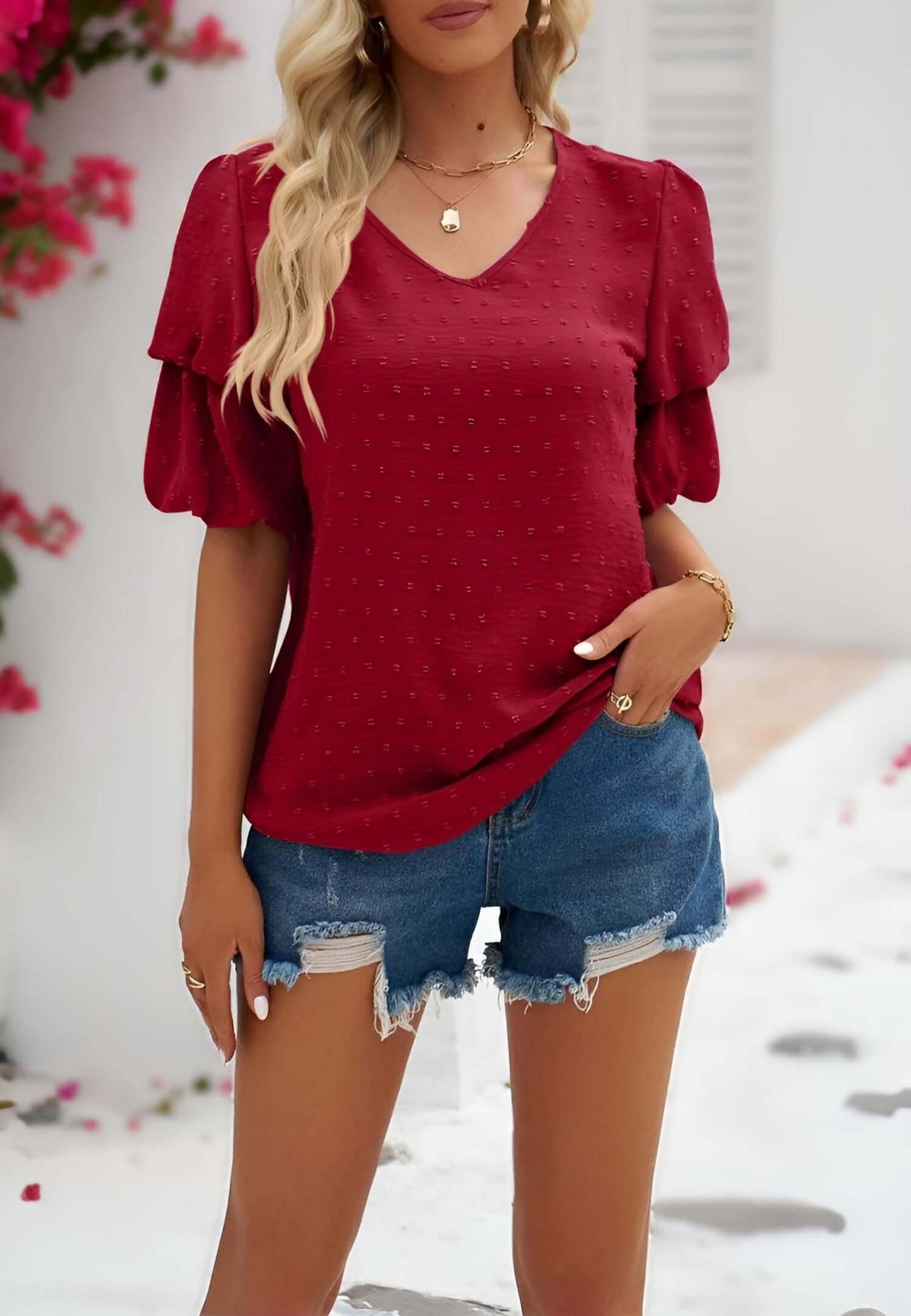 Blouse, tee, top, Women's tops, women's blouses, cute top, puff sleeve top, ruffle sleeve, trendy, new style, Shirt, office wear, business attire, Office blouse, casual top, business top, red top, Trendy office wear for women, tiered sleeve tops, Swiss do
