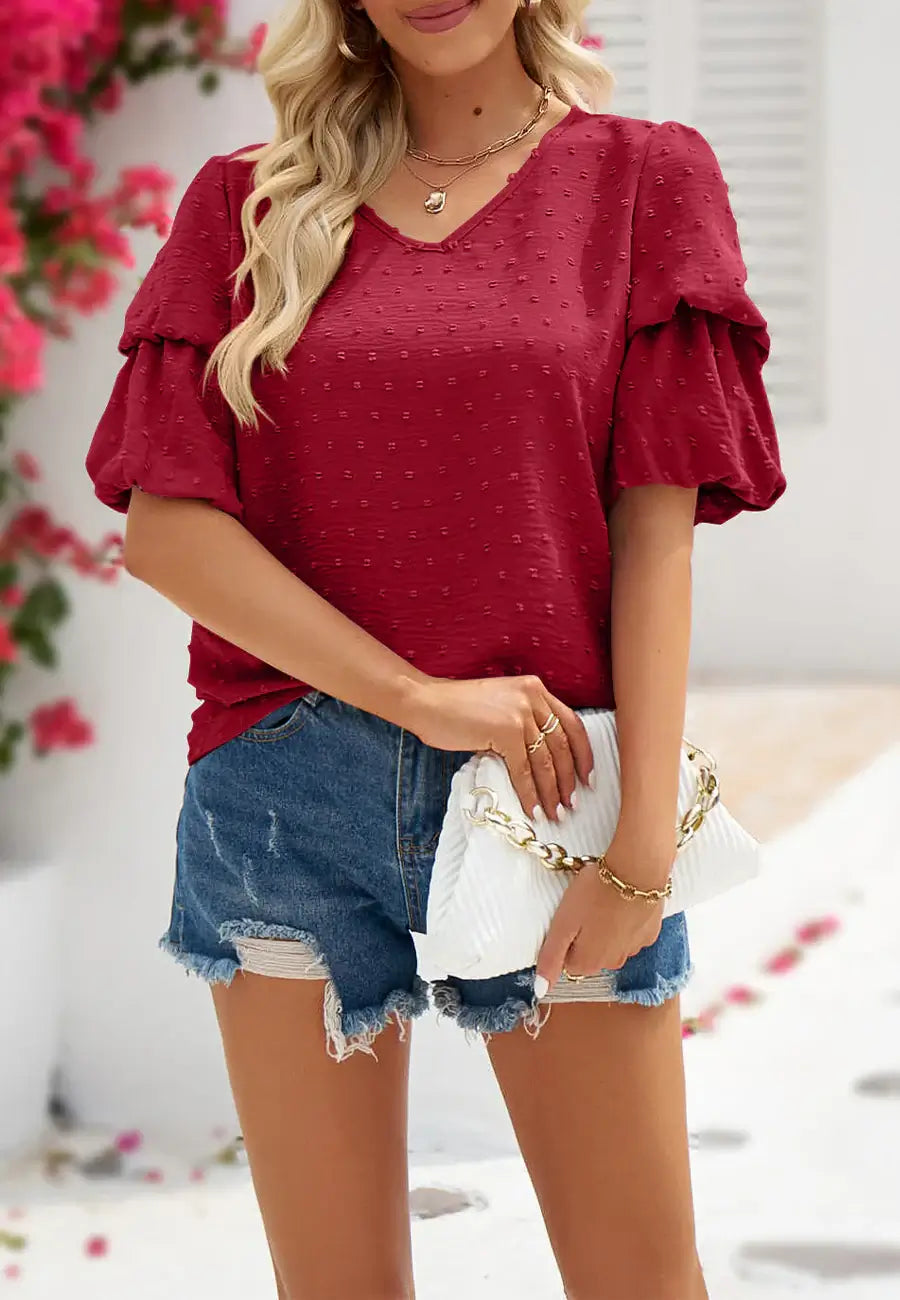 Blouse, tee, top, Women's tops, women's blouses, cute top, puff sleeve top, ruffle sleeve, trendy, new style, Shirt, office wear, business attire, Office blouse, casual top, business top, red top, Trendy office wear for women, tiered sleeve tops, Swiss do