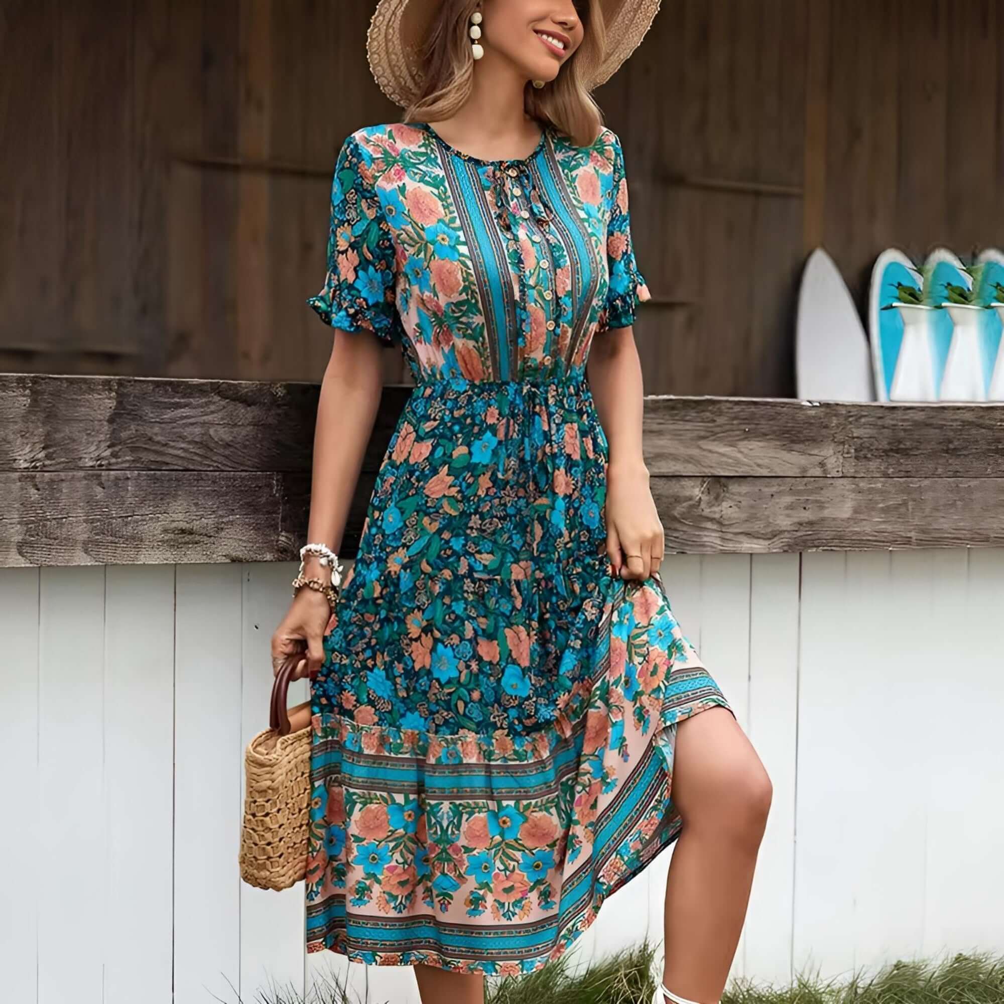 Turquoise Boho Floral Midi Dress Extra Large Turquoise Boho Floral Midi Dress – Roll Up Fashion