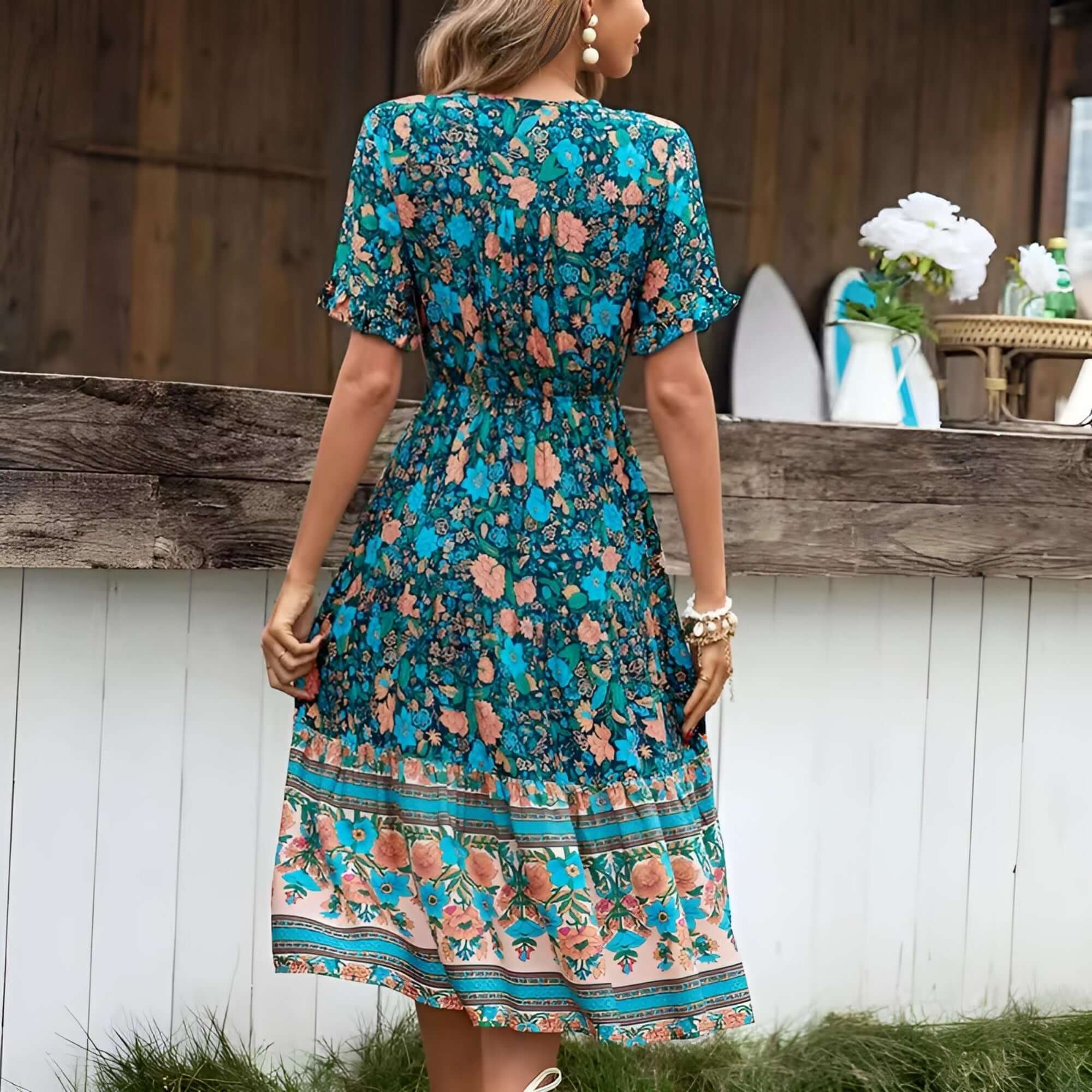 Turquoise Boho Floral Midi Dress Large Turquoise Boho Floral Midi Dress – Roll Up Fashion