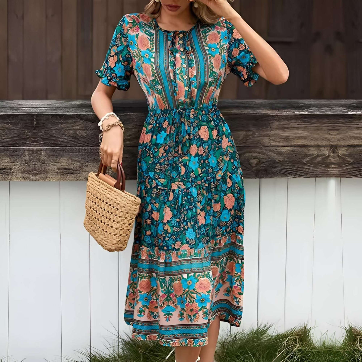 Women in a turquoise Bohemian Floral Print Short Sleeve Midi Dress, showcasing vintage and contemporary styles.