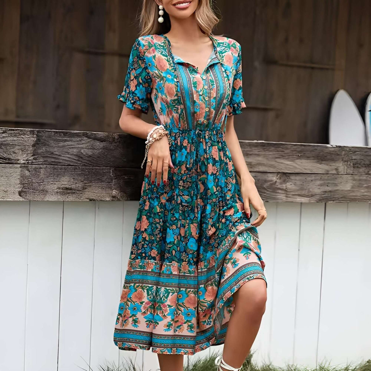Turquoise bohemian floral midi dress featuring short sleeves and vibrant floral print, ideal for effortless elegance.
