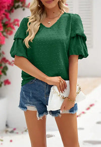 Blouse, tee, top, Women's tops, women's blouses, cute top, puff sleeve top, ruffle sleeve, trendy, new style, Shirt, office wear, business attire, Office blouse, casual top, business top, Green top, Trendy office wear for women, tiered sleeve tops, Swiss 