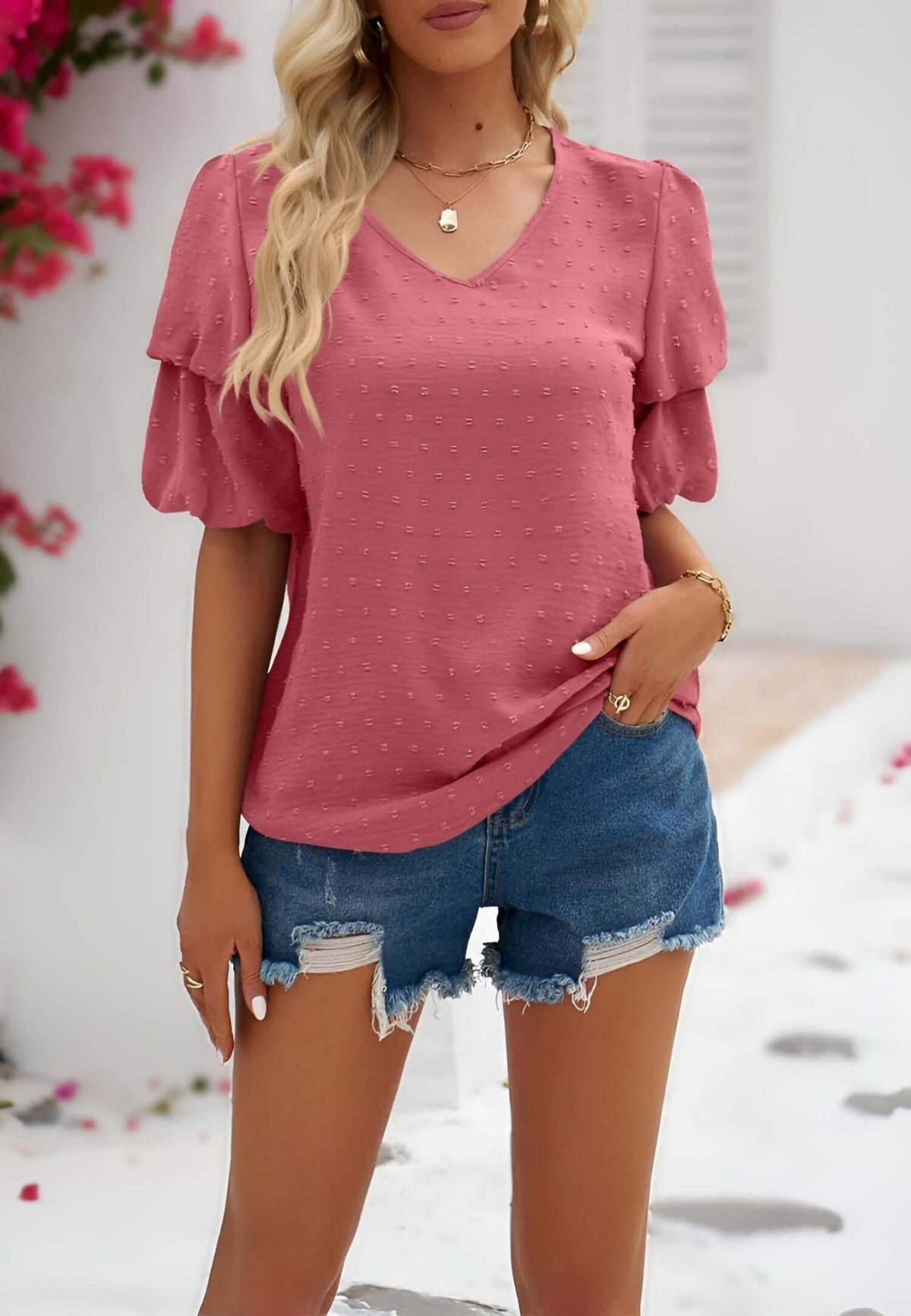 Blouse, tee, top, Women's tops, women's blouses, cute top, puff sleeve top, ruffle sleeve, trendy, new style, Shirt, office wear, business attire, Office blouse, casual top, business top, pink top, Trendy office wear for women, tiered sleeve tops, Swiss d
