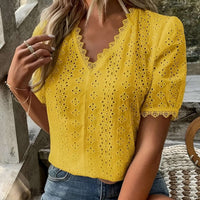 Women's yellow lace embroidery blouse with V-neck and short sleeves, stylish and comfortable for casual wear.