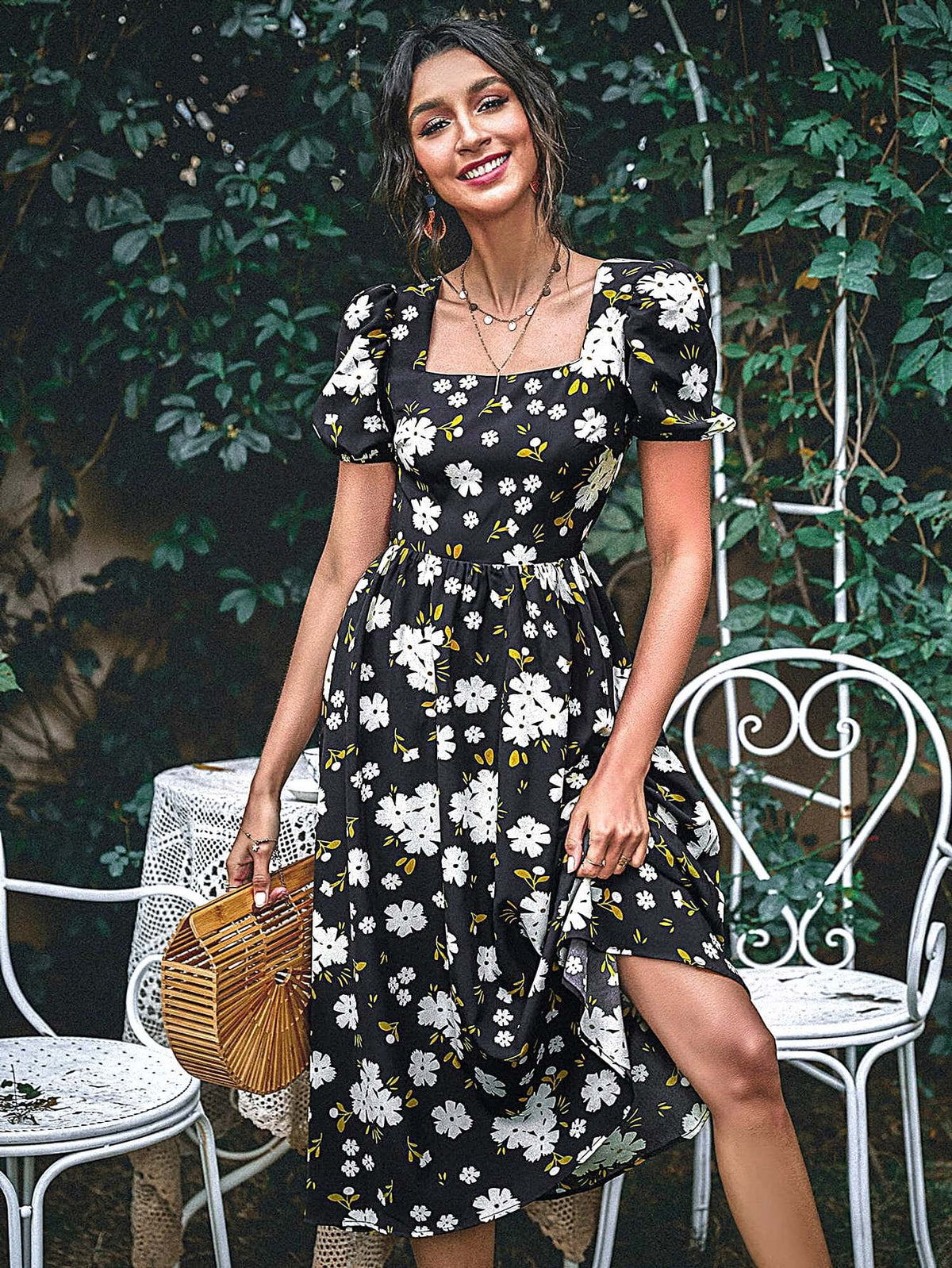 backless Floral Midi dress: Bohemian Floral Midi for Summer Black / Small