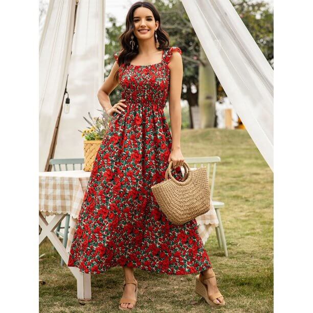 Shirred Long Maxi Dress - Women's boho fashion | Roll Up Fashion