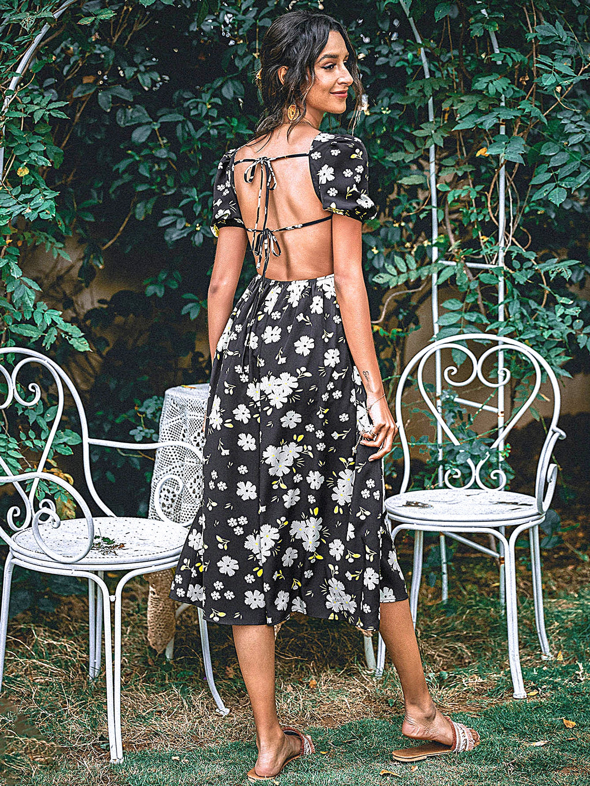 Backless Floral Midi Dress