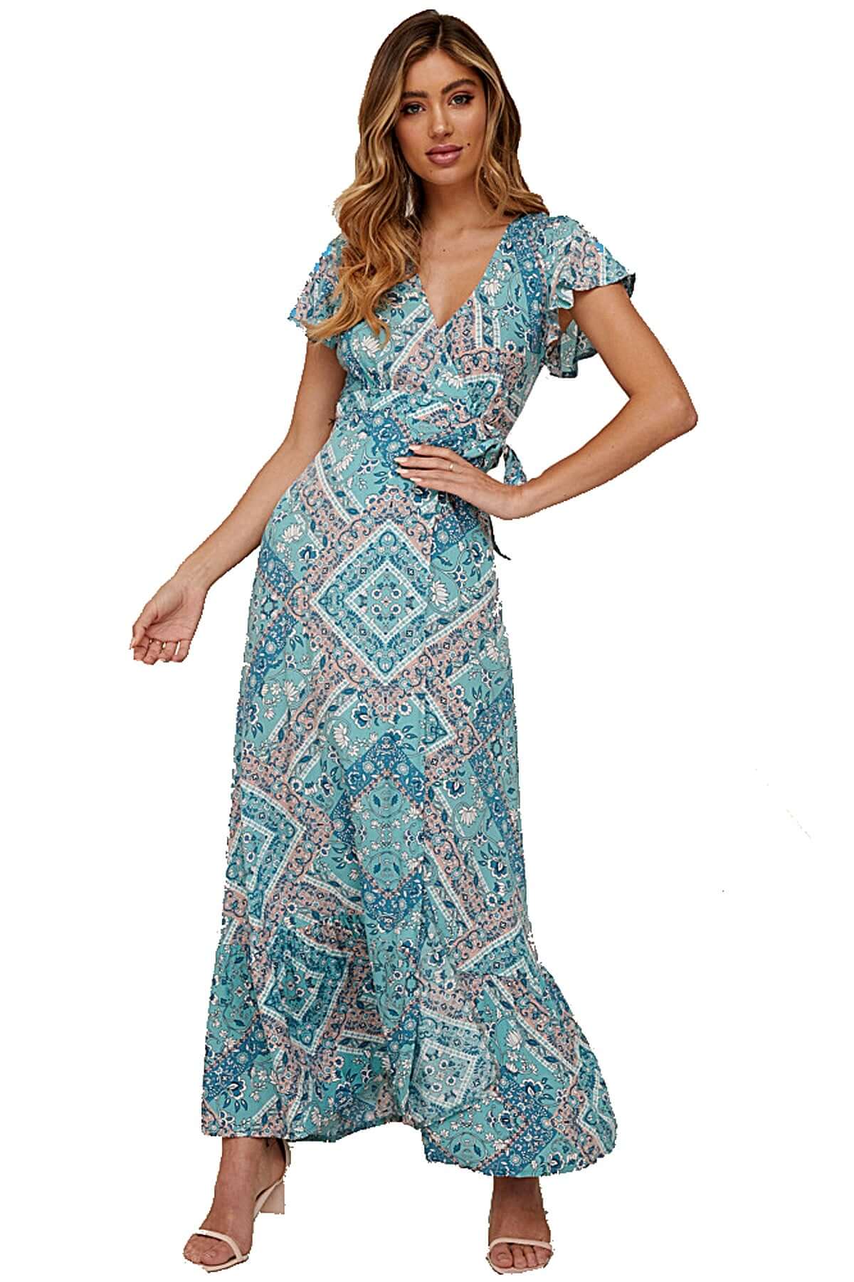 Wrap Dress: Boho Floral Maxi for Beach Days Large / Sky Blue/ Wht
