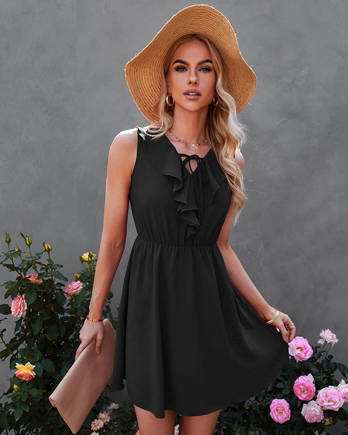 black mini summer dress Women's Summer Summer Short Puff Sleeve Lace Pleated Mini Dress Mini Dress Black at Amazon Women's Clothing store