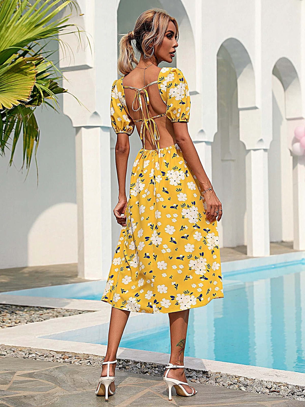 backless floral midi dress Fresh And Sweet Summer Floral Print Backless Midi Dress Yellow / M by Blue Zone Planet