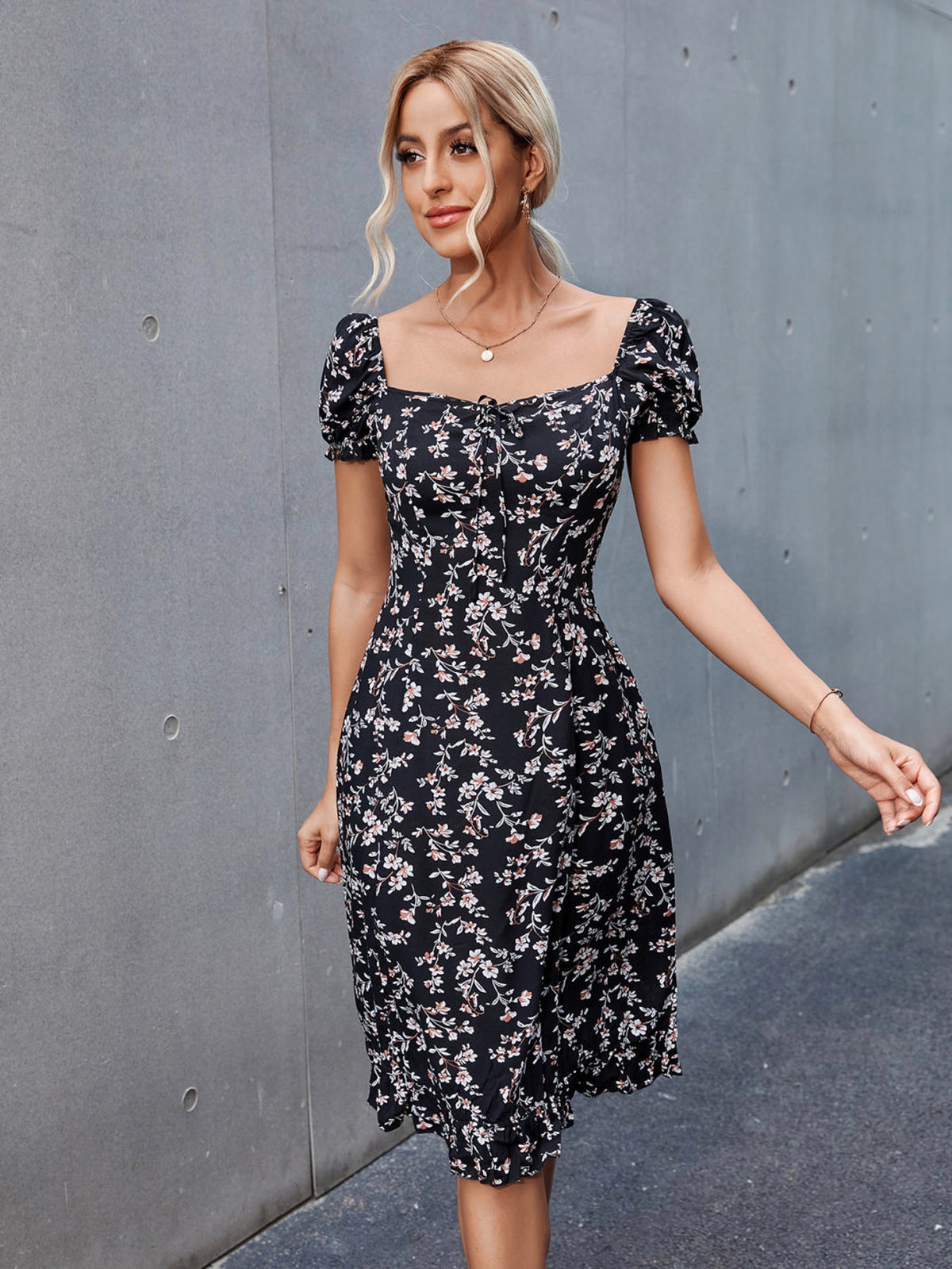 Black Floral Printed Midi Dress