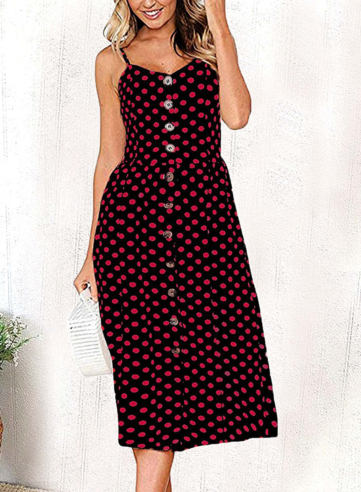 Polka Dot Dress - Women's Casual Midi for Summer Fun Small / Blk/Rd Dots Polka Dot Dress - Women's Casual Midi for Summer Fun Small / Blk/Rd Dots