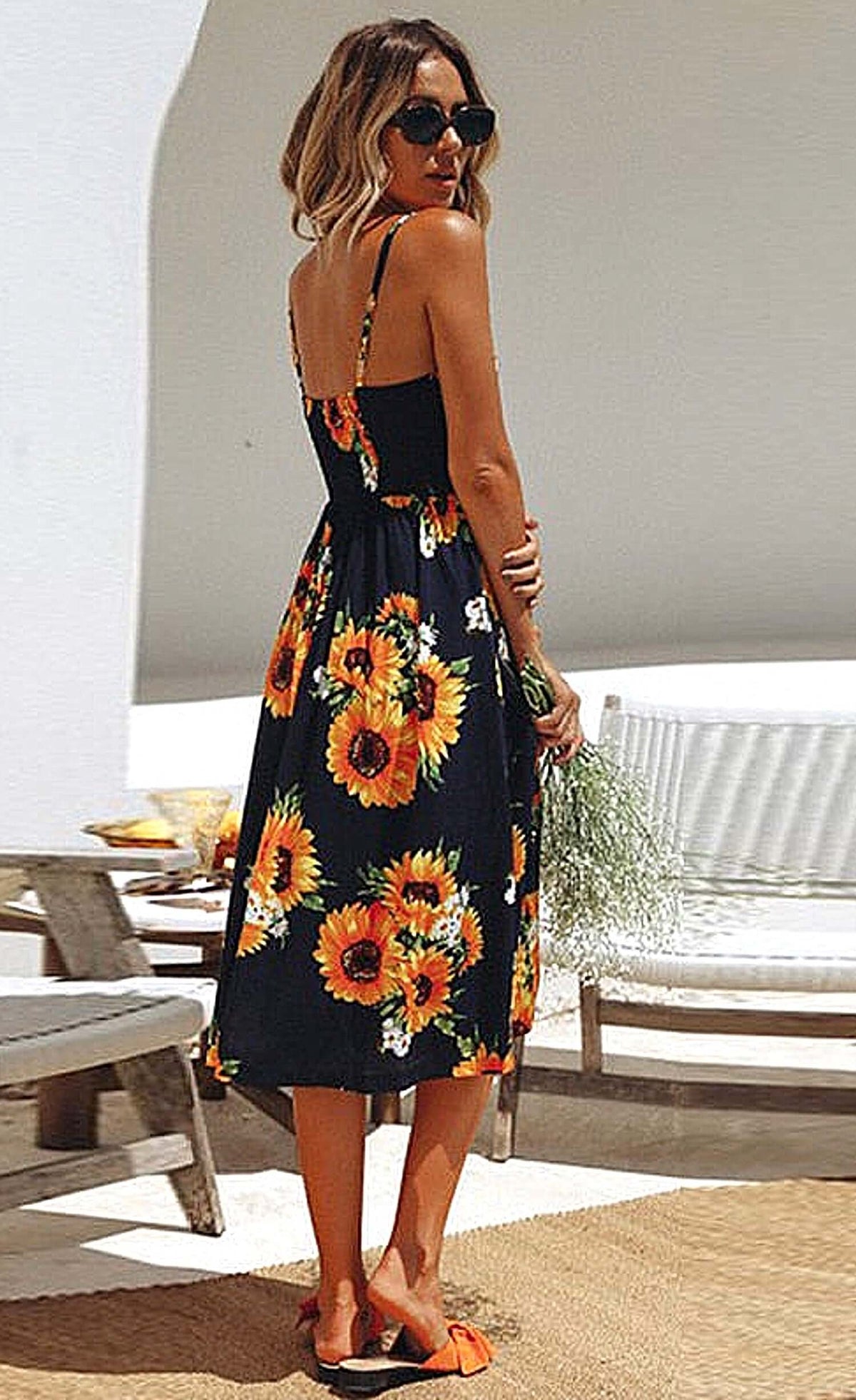 Sunflower Dress - Boho Midi Sundress for Summer BLK/ORG / Medium Sunflower Dress - Boho Midi Sundress for Summer BLK/ORG / Medium