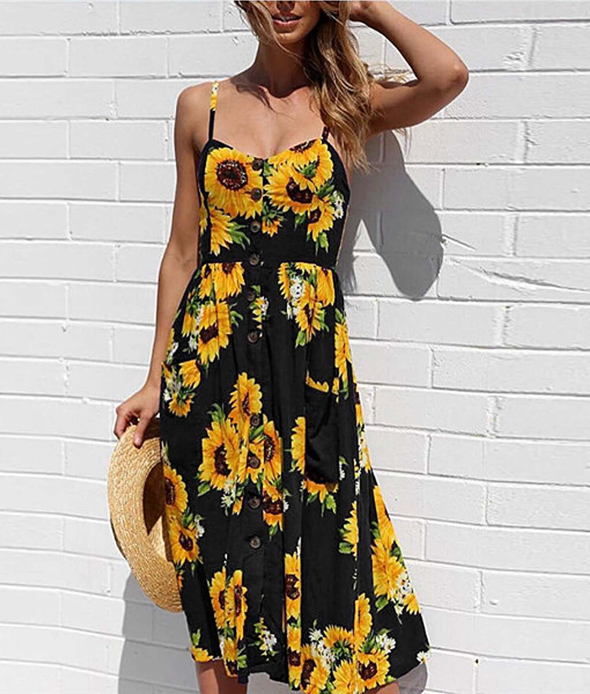 Sunflower Dress - Boho Midi Sundress for Summer BLK/ORG / Medium Sunflower Dress - Boho Midi Sundress for Summer BLK/ORG / Medium