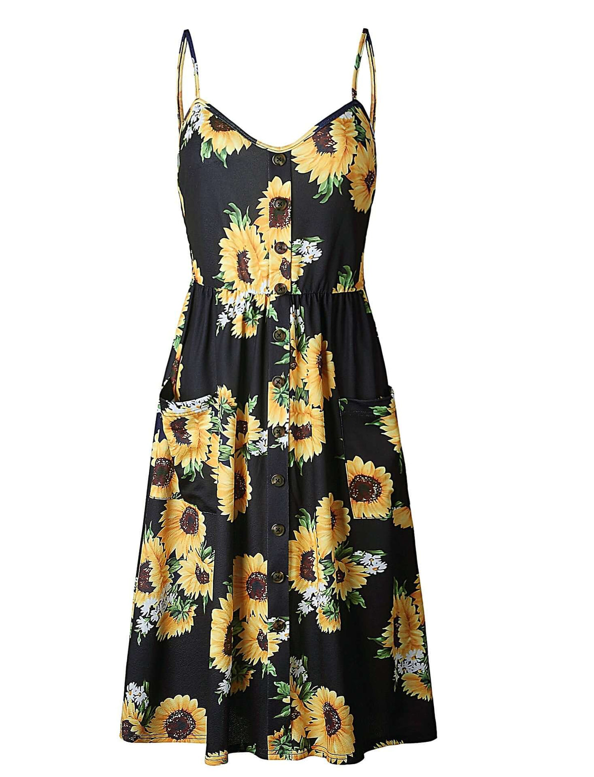 Sunflower Dress - Boho Midi Sundress for Summer BLK/YL / Large Sunflower Dress - Boho Midi Sundress for Summer BLK/YL / Large