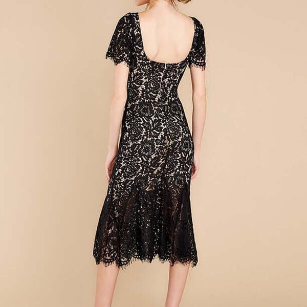 Trend4us Elegant Lace Panel Button-Up Flared Midi Dress