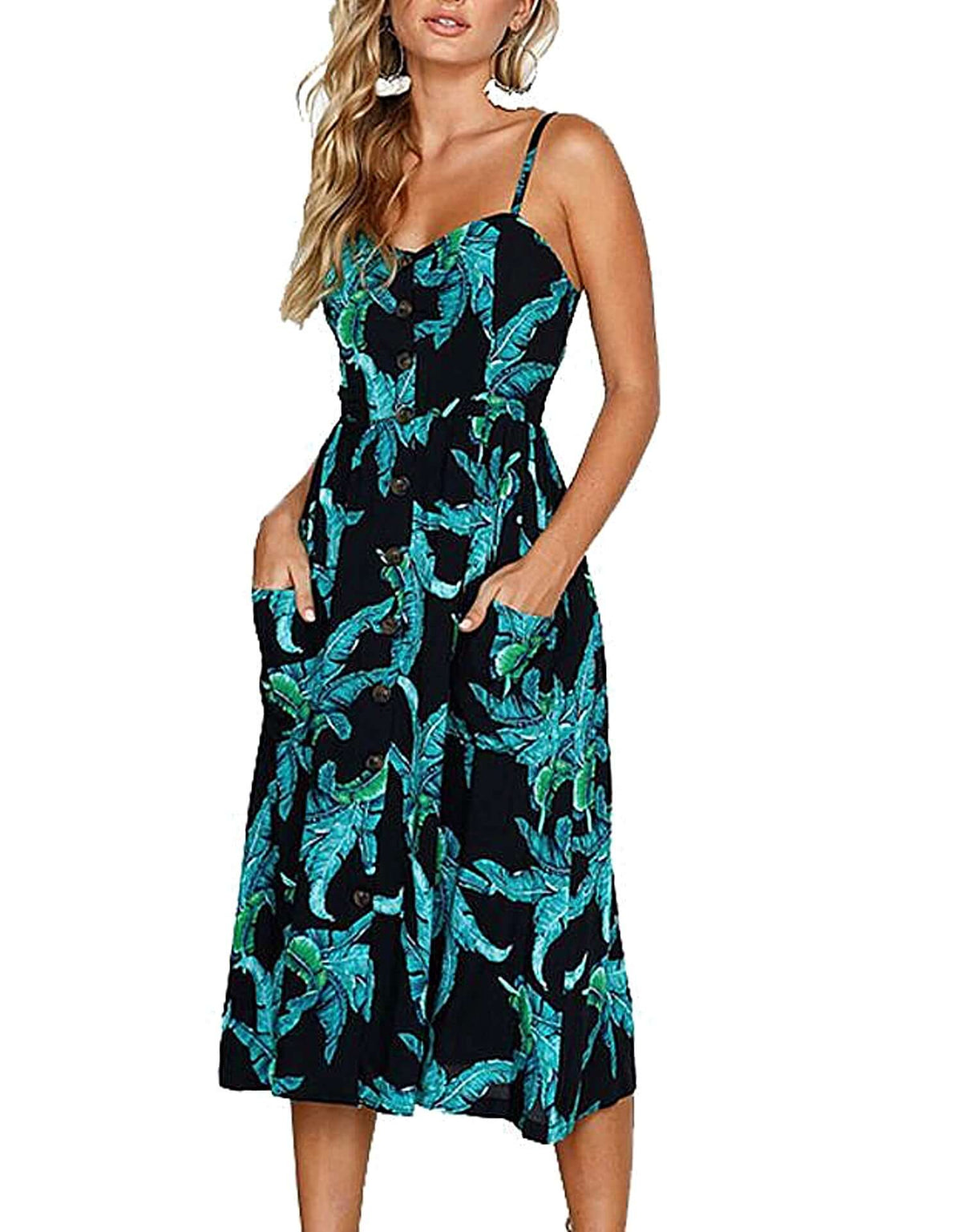 Floral Dress: Spaghetti Straps Midi Dress for Summer Small / Yellow/Wht Leaves Floral Dress: Spaghetti Straps Midi Dress for Summer Small / Yellow/Wht Leaves